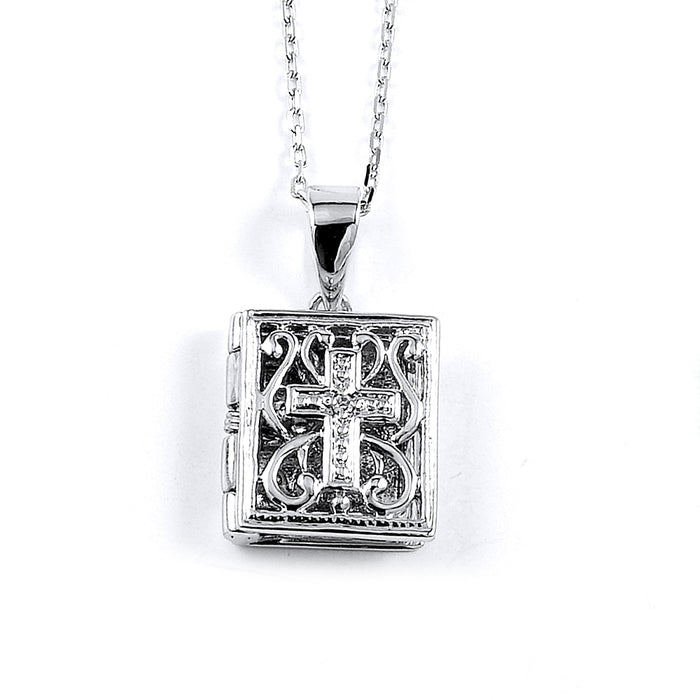 Sterling Silver Rhodium Plated and CZ Bible Necklace
