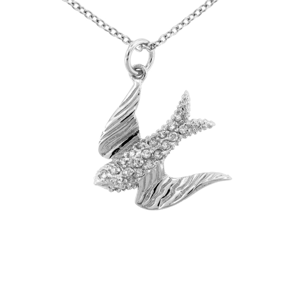 Sterling Silver Rhodium Plated and CZ Bird Necklace