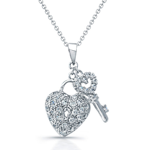 Sterling Silver Rhodium Plated and CZ Heart & Key Necklace