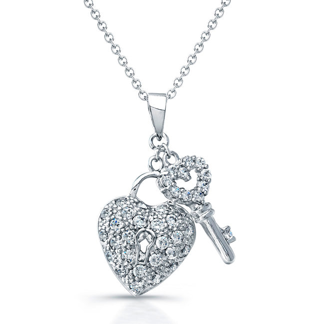 Sterling Silver Rhodium Plated and CZ Heart & Key Necklace