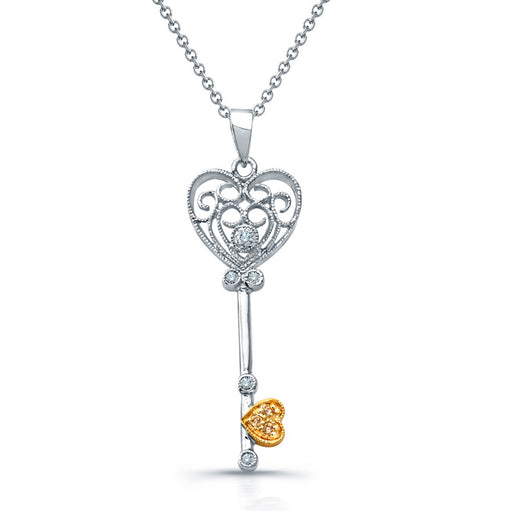 Sterling Silver Rhodium Plated and CZ Key & Heart CZ Necklace