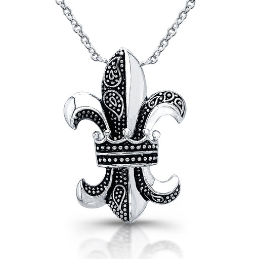 Sterling Silver Rhodium Plated with Enameled Fleur De Lis and CZ Necklace