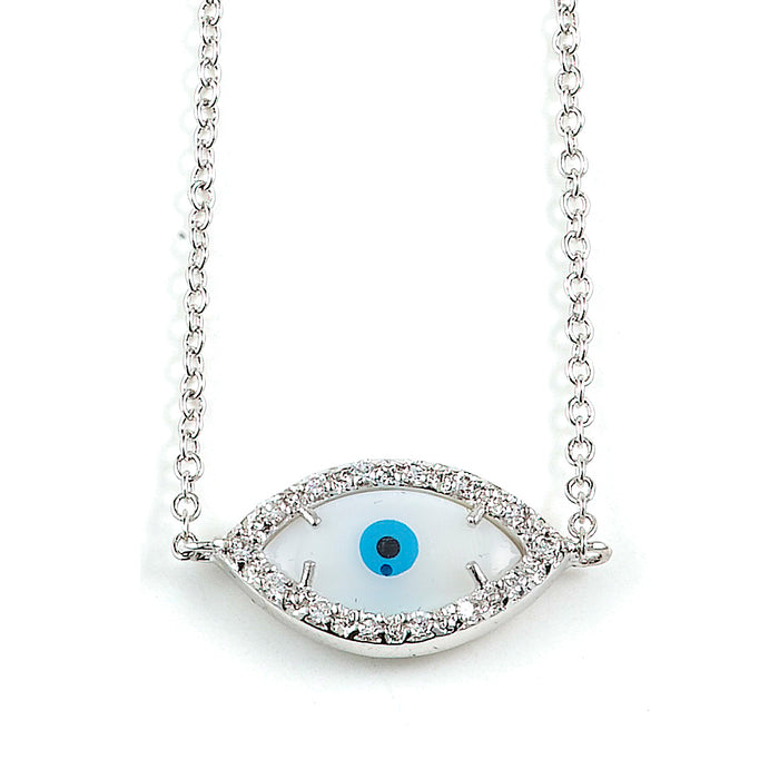 Sterling Silver Rhodium Plated and CZ Evil Eye Necklace