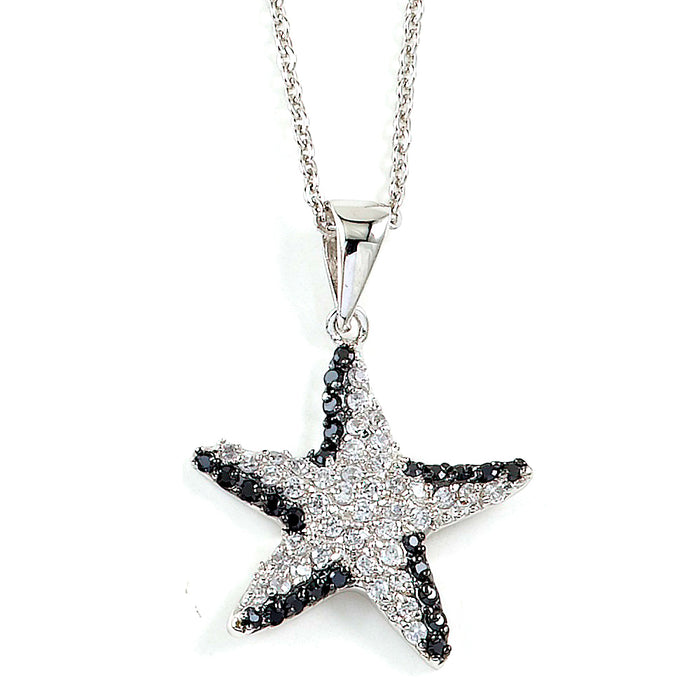 Sterling Silver Rhodium Plated and Black & White CZ Starfish Necklace