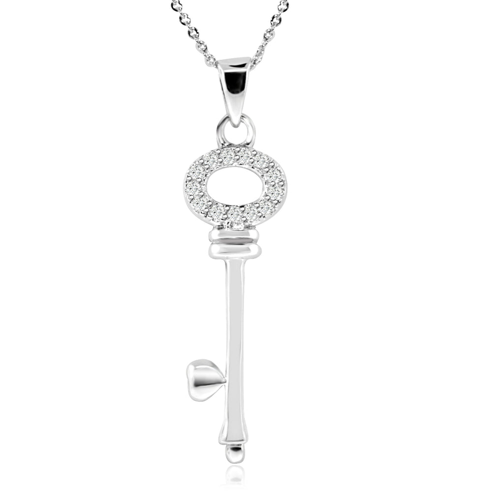 Sterling Silver Rhodium Plated and CZ Key Necklace