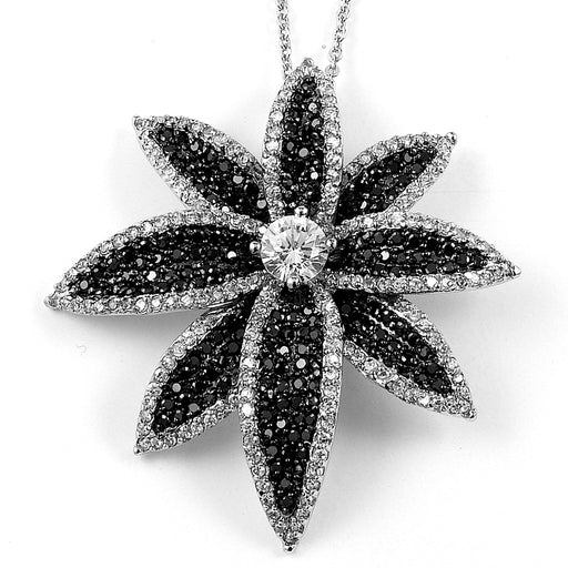 Sterling Silver Rhodium Plated and Black & White CZ Flower Necklace