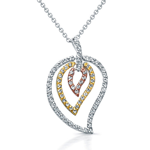 Sterling Silver Rhodium, Rose Gold, and Gold Plated with CZ Leaf Necklace