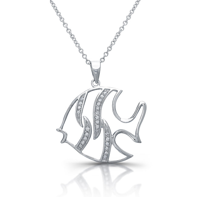 Sterling Silver Rhodium Plated and CZ Fish Necklace