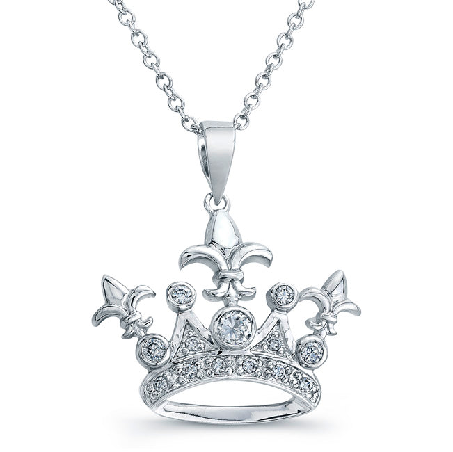 Sterling Silver Rhodium Plated and CZ Crown Necklace