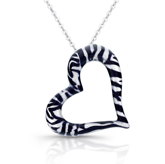 Sterling Silver Rhodium Plated with Enameled Black and White Heart Necklace