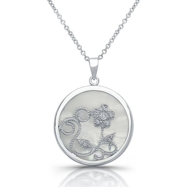 Sterling Silver Rhodium Plated with Mother Of Pearl and CZ Necklace