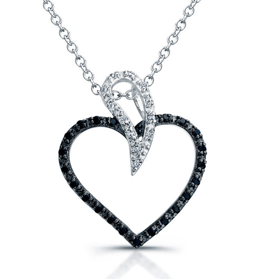 Sterling Silver Rhodium Plated and Black & White CZ Heart Necklace