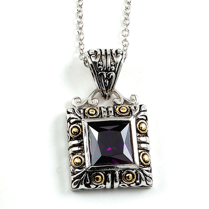 Sterling Silver Rhodium Plated with Simulated Amethyst Necklace