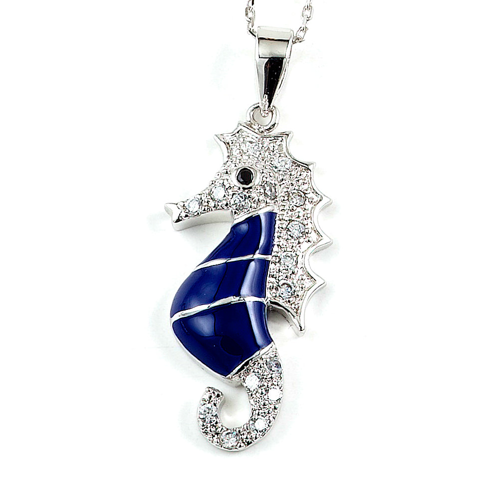 Sterling Silver Rhodium Plated and Blue Enameled Sea Horse Necklace