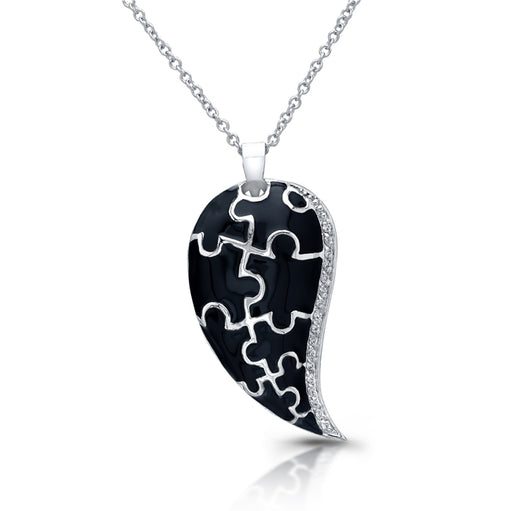 Sterling Silver Rhodium Plated with Black Enameled Puzzle Necklace