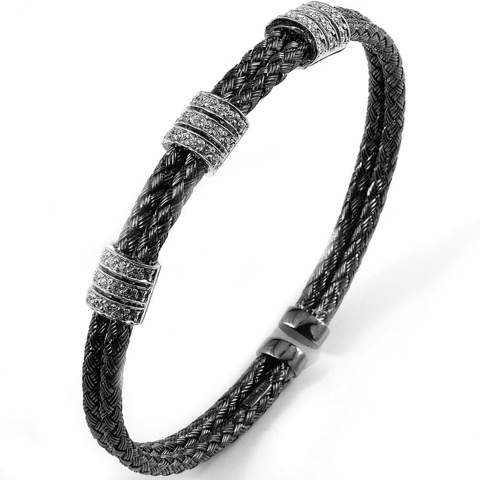 Sterling Silver Rhodium Plated and 3 stations of CZ braided cable Bangle