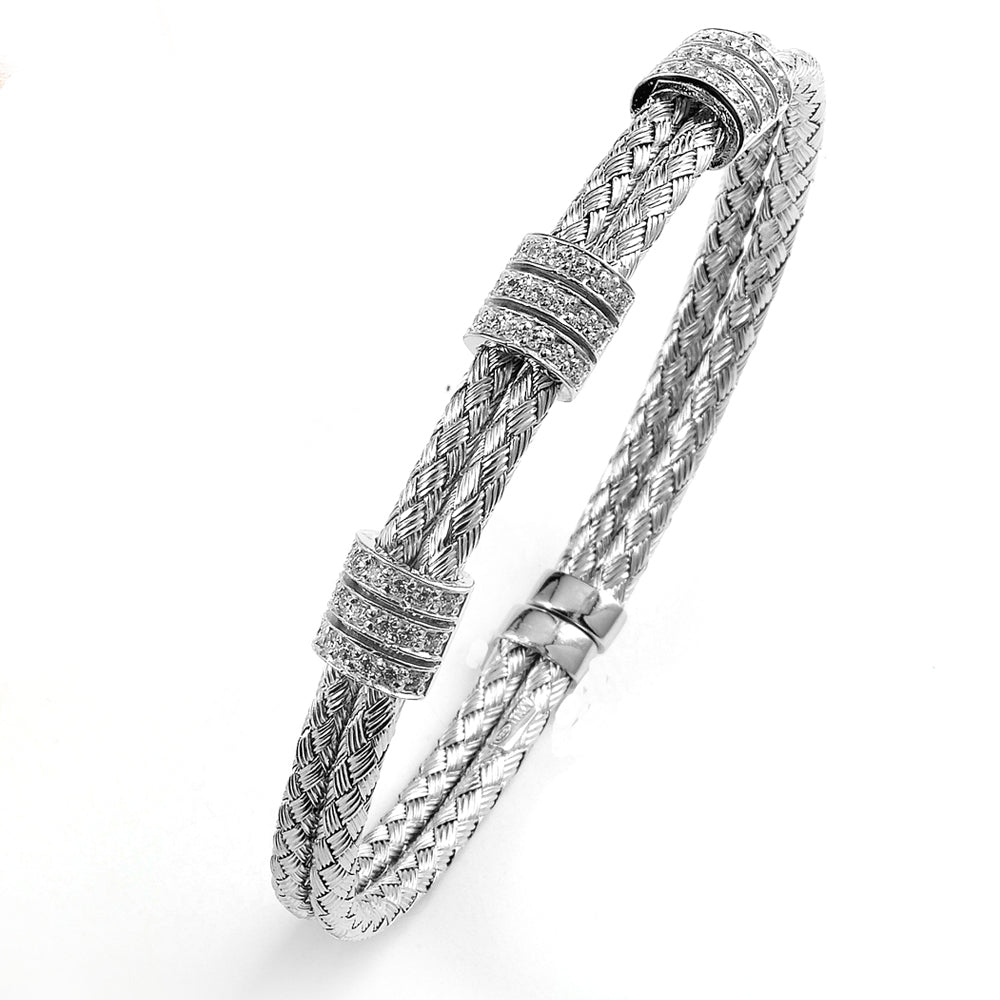Sterling Silver Rhodium Plated and 3 stations of CZ braided cable Bangle