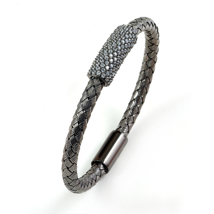 Sterling Silver Rhodium Plated and CZ braided cable Bangle