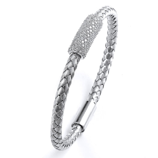 Sterling Silver Rhodium Plated and CZ braided cable Bangle