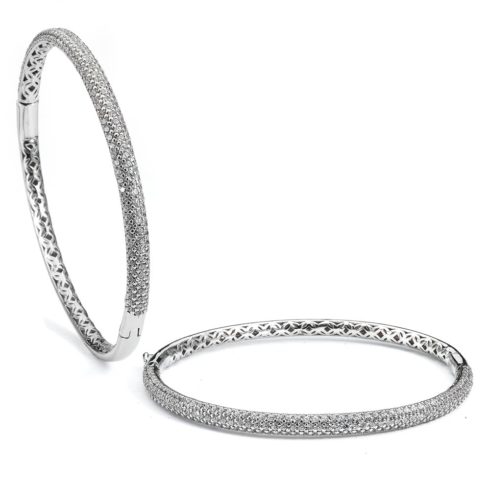 Sterling Silver Rhodium Plated and micro-pave CZ Bangle with safety clasp
