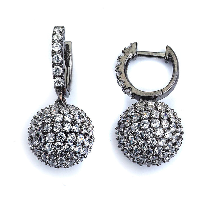 Sterling Silver Rhodium Plated and micro-pave CZ Ball Dangle Earrings