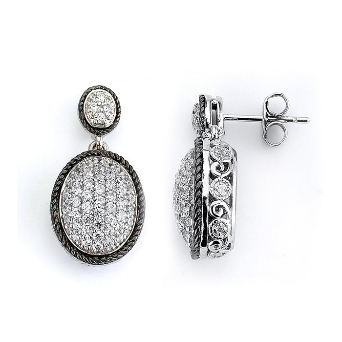 Sterling Silver Rhodium Plating and micro-pave CZ Oval Earrings