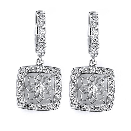 Sterling Silver Rhodium Plated with filigree and CZ Dangle Earrings