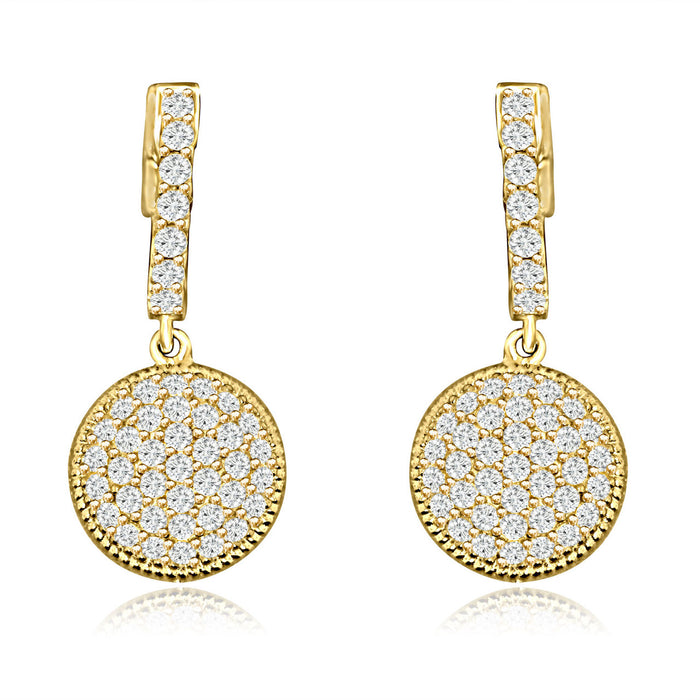 Sterling Silver Rhodium Plated and CZ Flat Round Disc Dangle Earrings