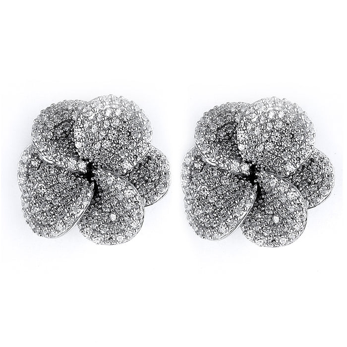 Sterling Silver Rhodium Plated and micro-pave CZ Flower Stud Earrings