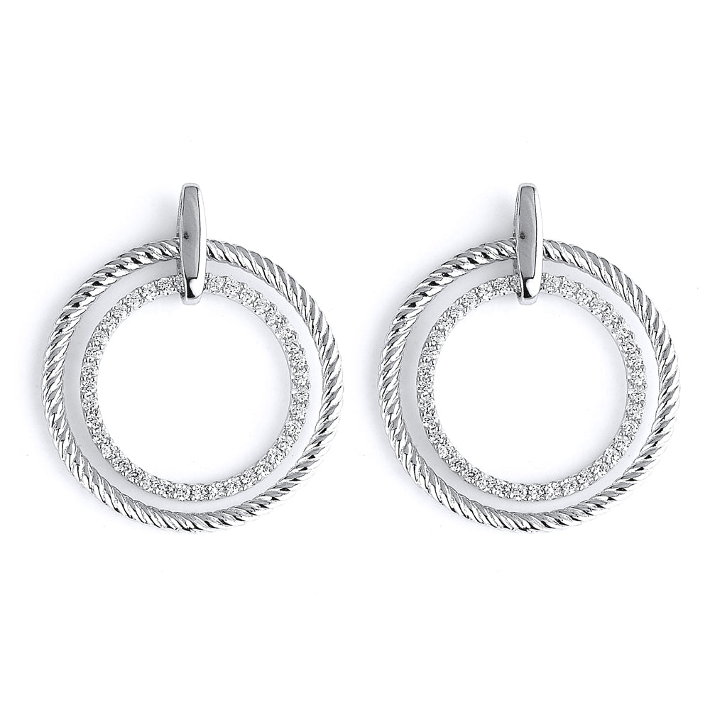 Sterling Silver Rhodium Plated and CZ Circlular Dangle Earrings