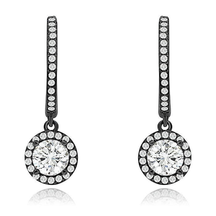 Sterling Silver Rhodium Plated and CZ Dangle Halo Earrings