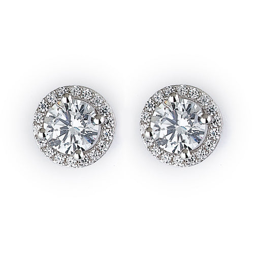 Sterling Silver Rhodium Plated and CZ Stud Halo Earrings