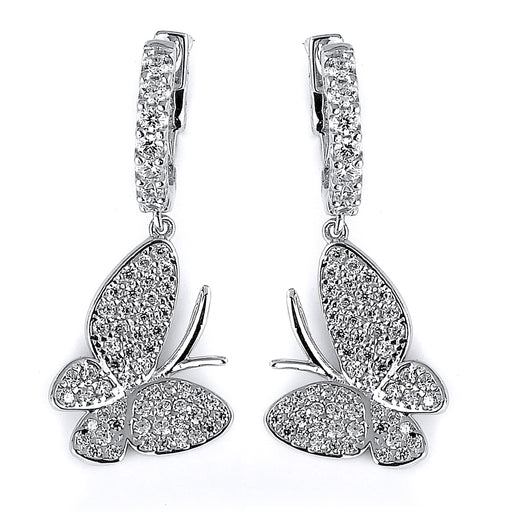 Sterling Silver Rhodium Plated and CZ Butterfly Dangle Earrings