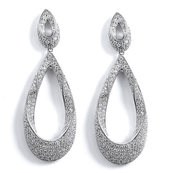 Sterling Silver Rhodium Plated and CZ Teardrop Dangle Earrings