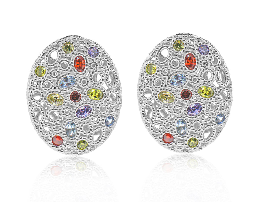 Sterling Silver Rose Gold Plated and Multi-color CZ Earrings