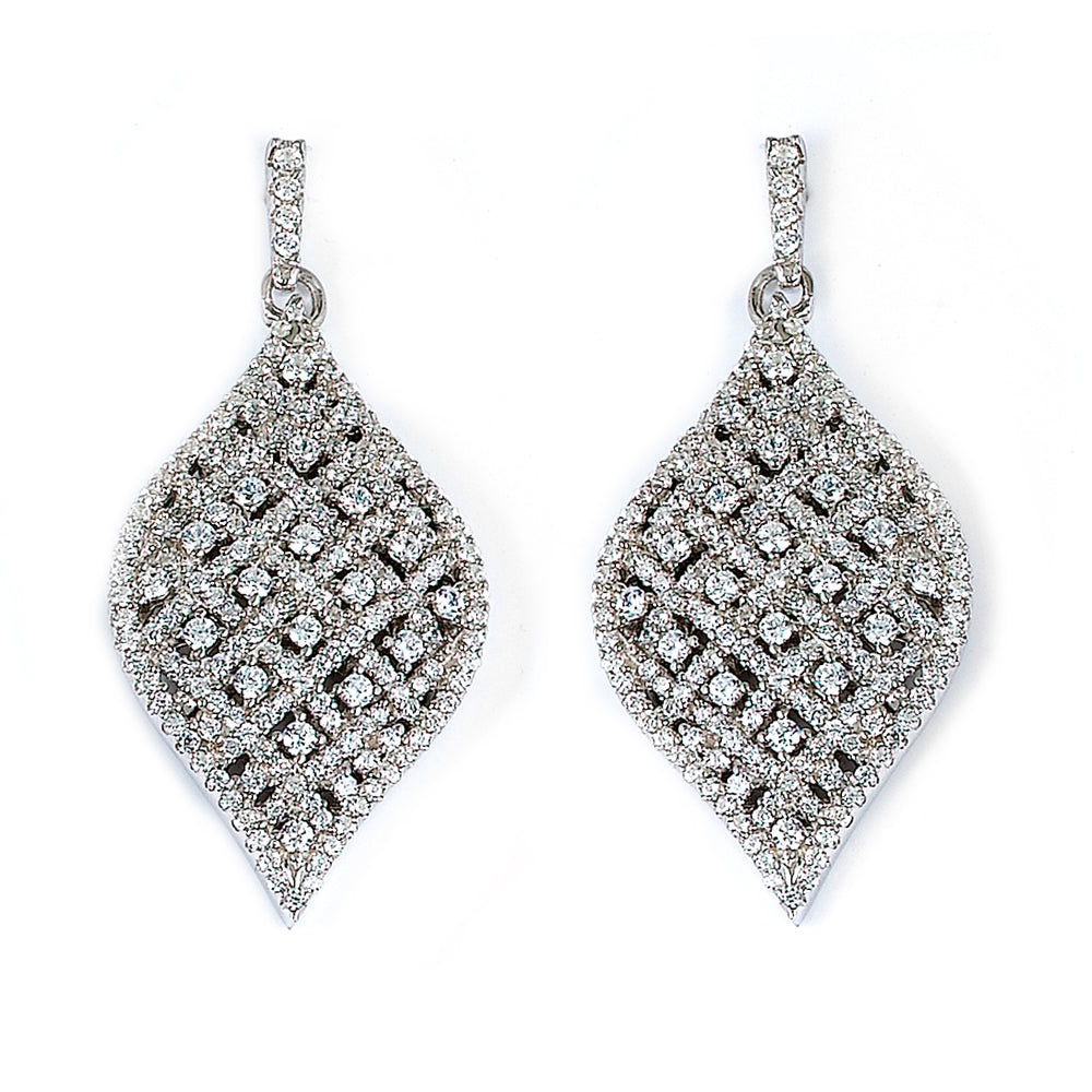 Sterling Silver Rhodium Plated and CZ Leaf Earrings