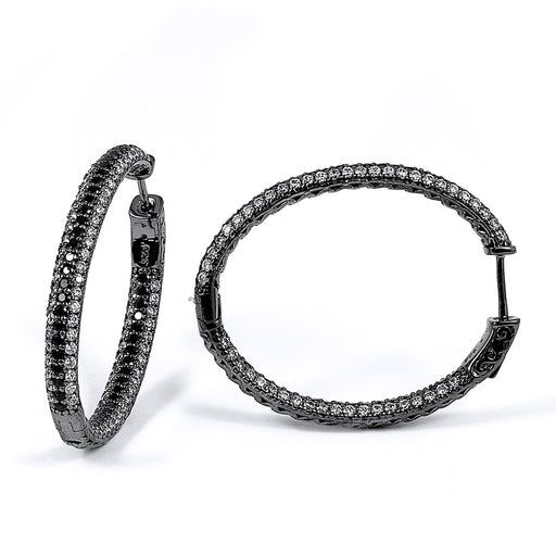 Sterling Silver Rhodium Plated with Black and White CZ Hoop Earrings