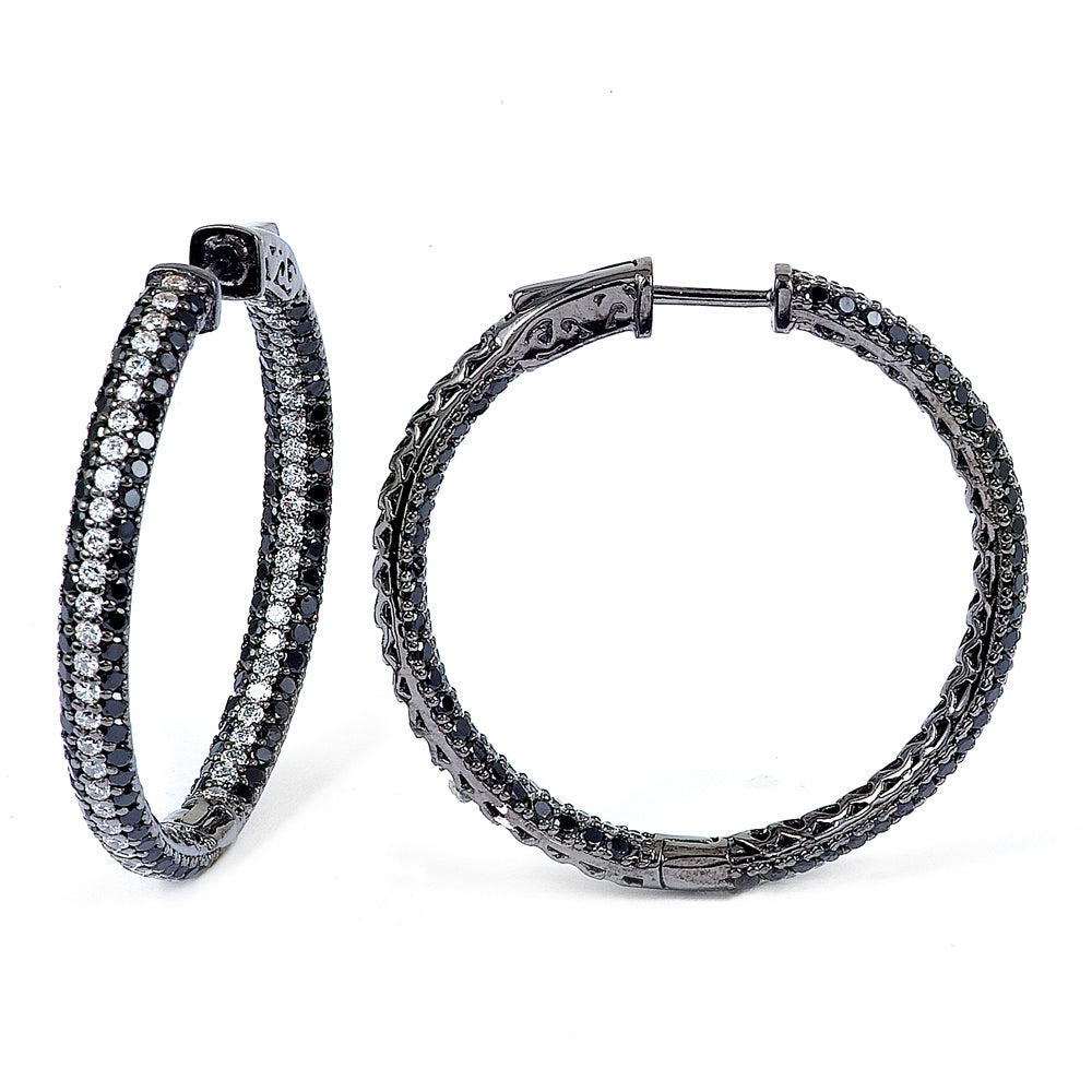 Sterling Silver Rhodium Plated with Black and White CZ Hoop Earrings