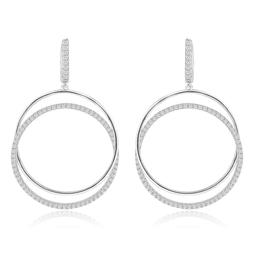 Sterling Silver Rhodium Plated and CZ Dangle Hoop Earrings