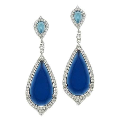 Sterling Silver Rhodium Plated and Simulated Sapphire/Blue Topaz stone with CZ Earrings