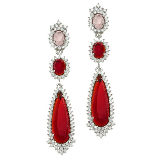 Sterling Silver Rhodium Plated and Simulated Ruby/Rose quartz stone with CZ Earrings