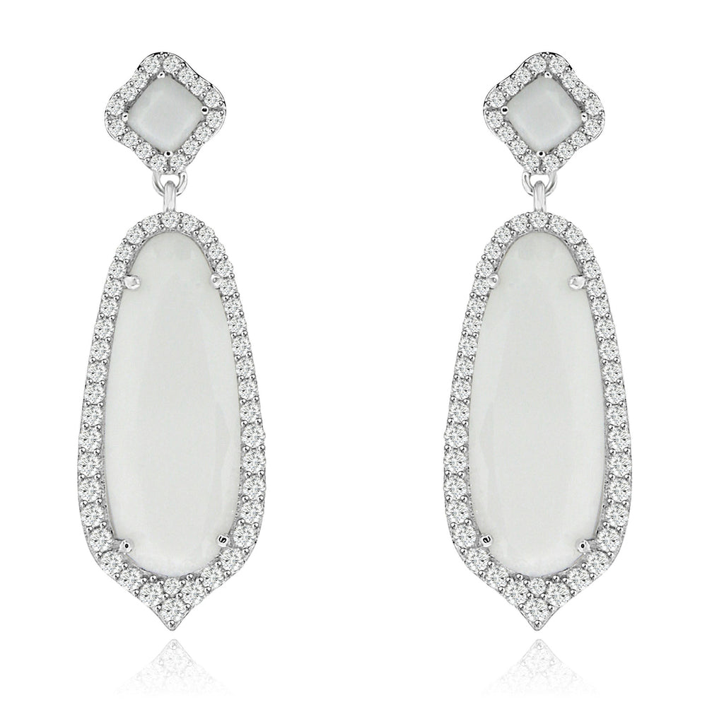 Sterling Silver Rhodium Plated and Simulated Milky Crystal with CZ Earrings