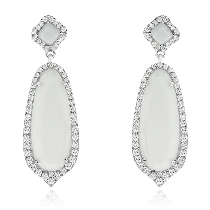 Sterling Silver Rhodium Plated and Simulated Milky Crystal with CZ Earrings