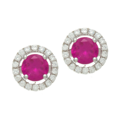 Sterling Silver Rhodium Plated and 5mm Simulated Ruby center stone with CZ Earrings