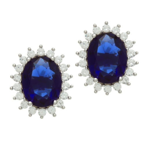 Sterling Silver Rhodium Plated and 9x7mm Simulated Sapphire stone with CZ Earrings
