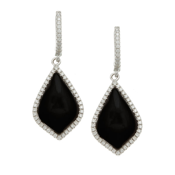 Sterling Silver Rhodium Plated and Simulated Black Onyx with CZ Earrings