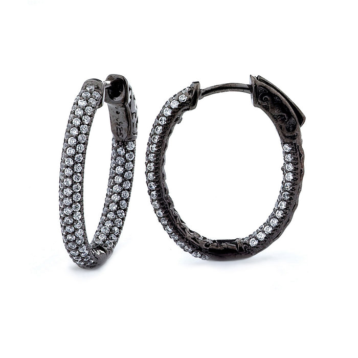 Sterling Silver Rhodium Plated and micro-pave CZ Oval Hoop Earrings