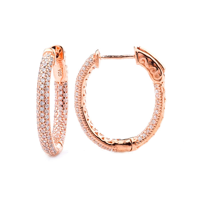 Sterling Silver Rhodium Plated and micro-pave CZ Oval Hoop Earrings