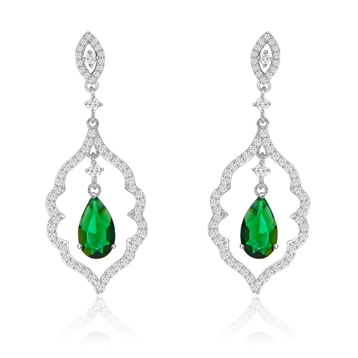 Sterling Silver Rhodium Plated with Simulated Gemstone center stone with CZ Dangle Earrings