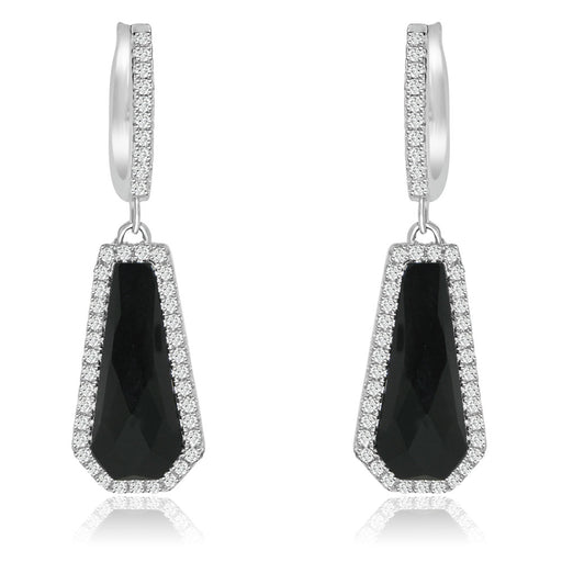 Sterling Silver Rhodium Plated and Simulated Black Onyx with CZ Earrings